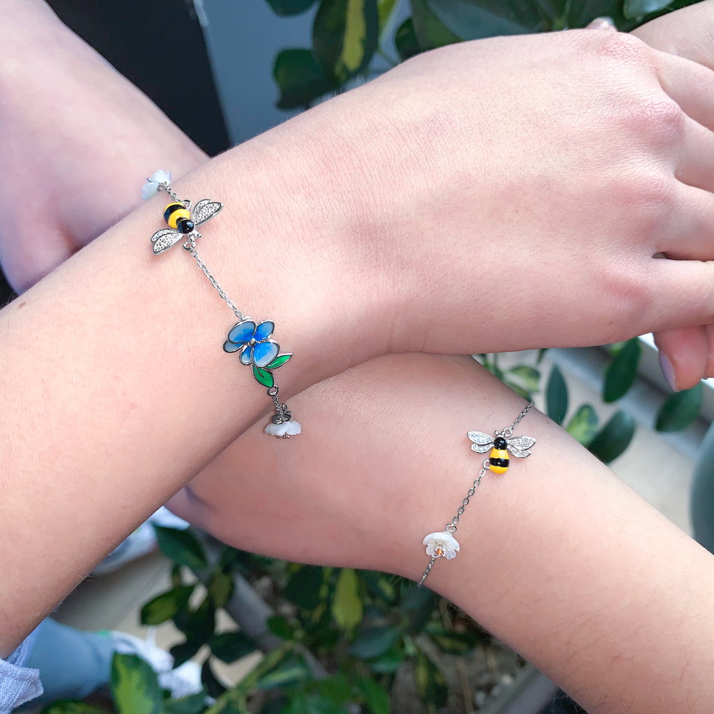 B2876, Bracelet, Sterling Silver 925, Rhodium Plated, White Shell, Cubic Zirconia, Enamel, Length 16,17,18 cm 