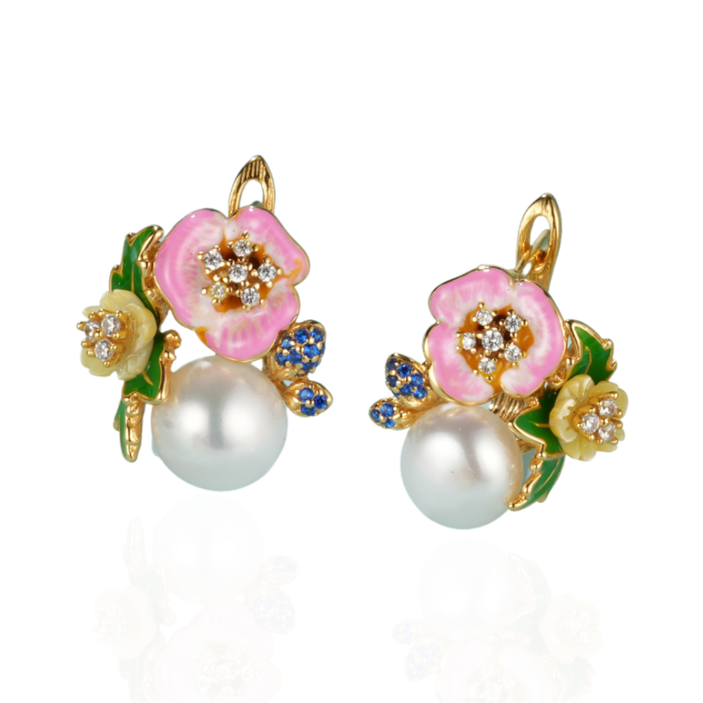V6045,Eternal Blooms Earrings, Silver 925,Shell, CZ, Enamel, Hand Made