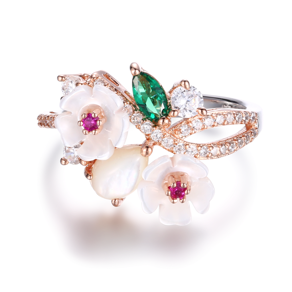 U3882, Ring Silver 925,  Shell Flower,  Green Spinel,  CZ