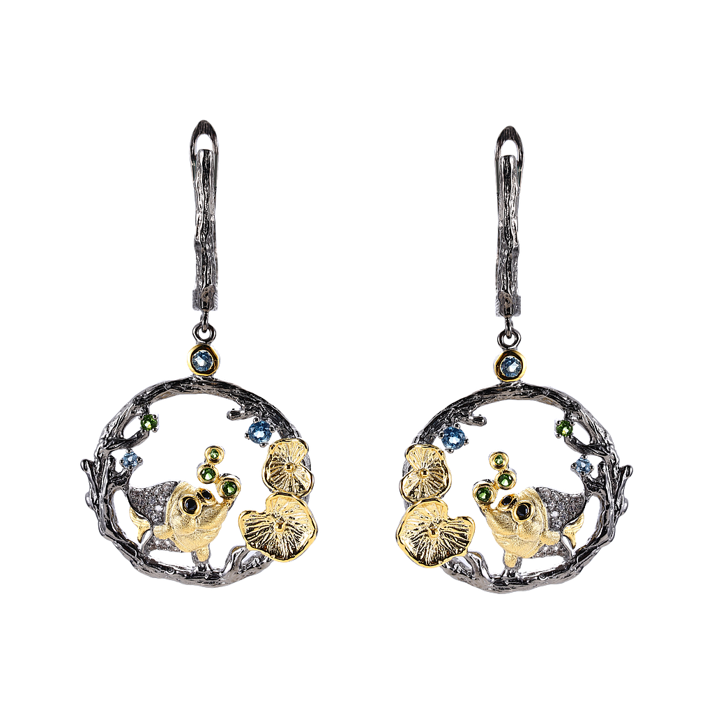 V5328, Earrings Silver 925, Black Spinel, Swiss Blue Topaz, Diopside, White Topaz, Hand Made