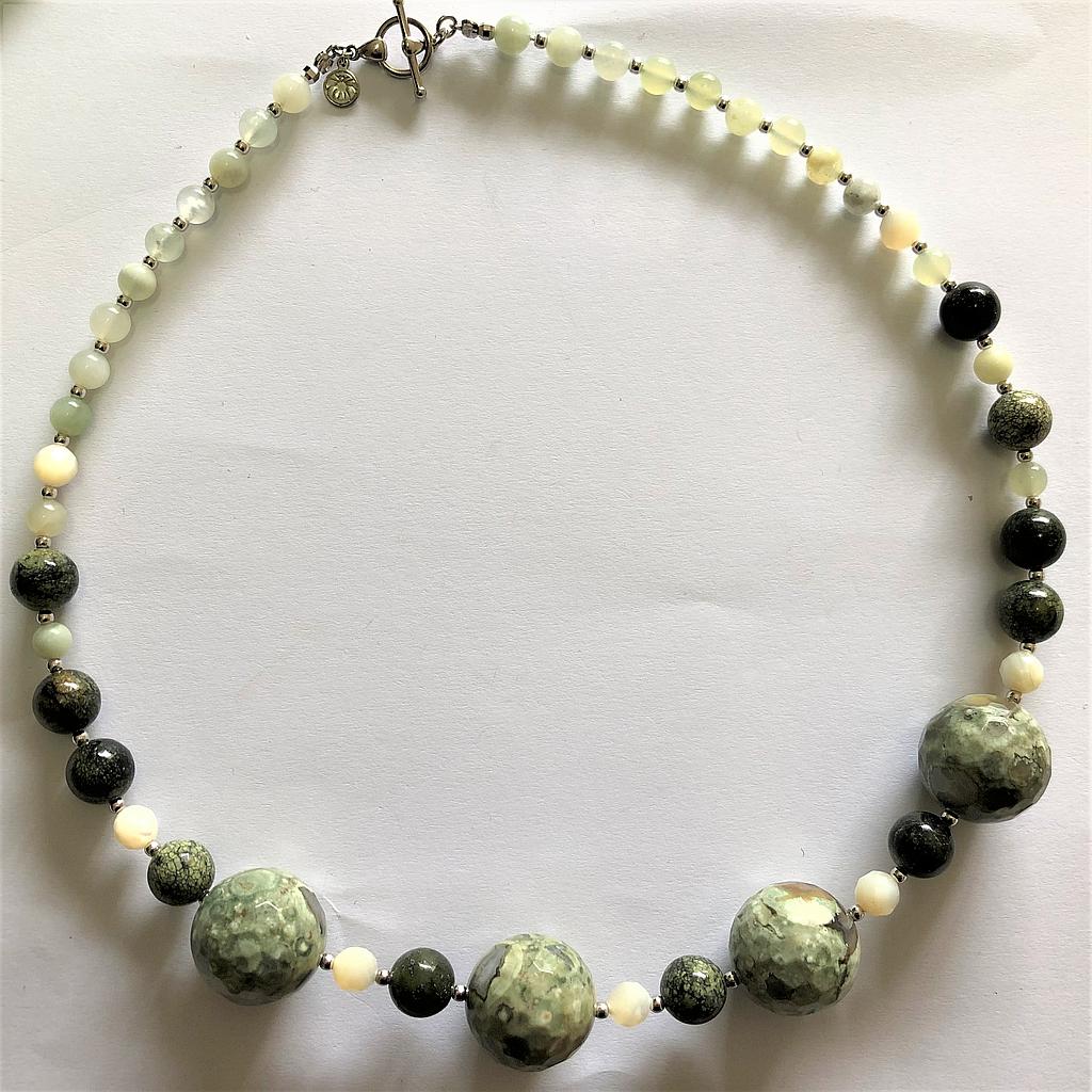 N5651,Necklace,Silver 925, Green Jasper, MOP, Green Jade 
