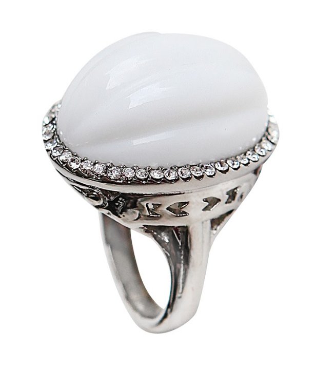 U3150, Ring S. Steel 316L,  White Onyx,  White Crystal