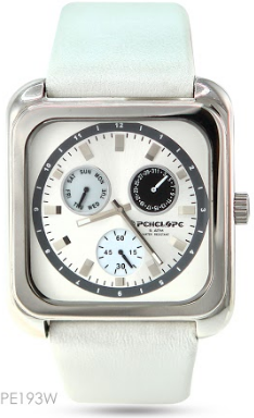 PE193W, Watches S. Steel Quartz ,  white case,  white leather strap