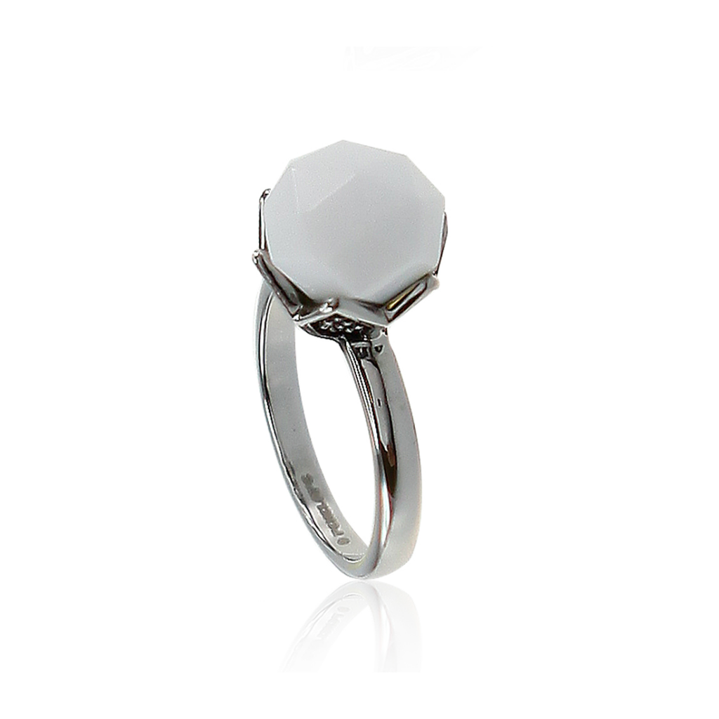 U3178, Ring S. Steel 316L,  Faced White Agata,  S. Steel Collection