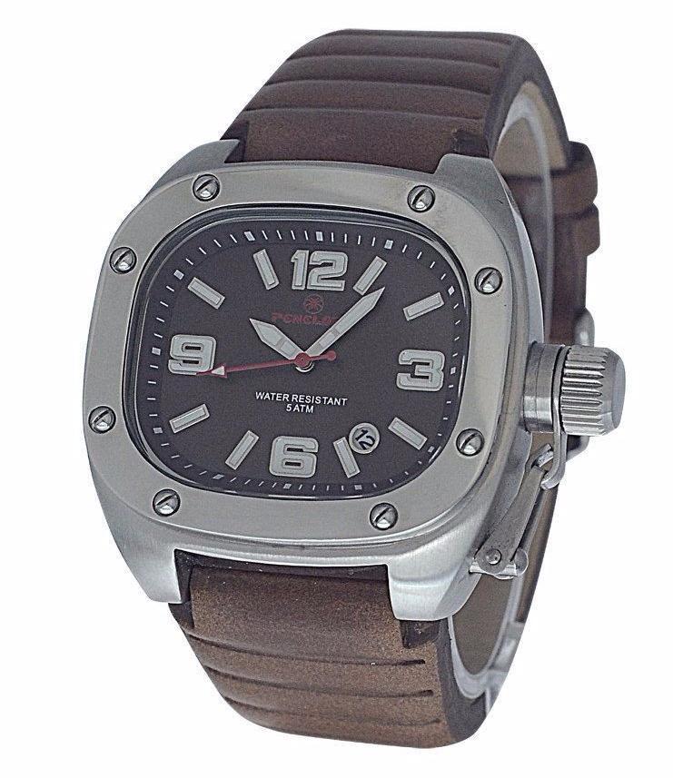 PE155B, Watches S. Steel 316L,  gray case,  brown leather band