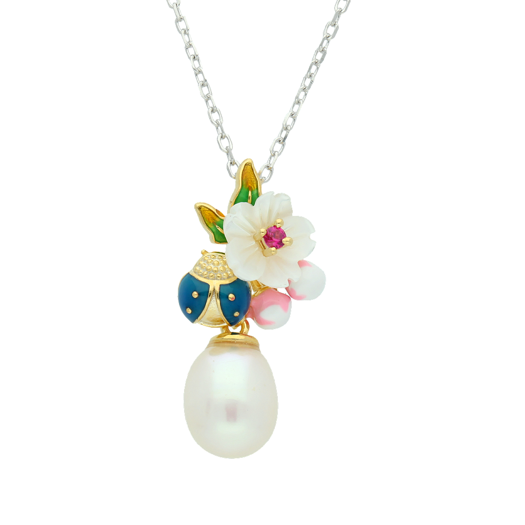 N5159, Necklace, Sterling Silver 925, Gold & Rhodium Plated, White Shell, Cubic Zirconia, Enamel