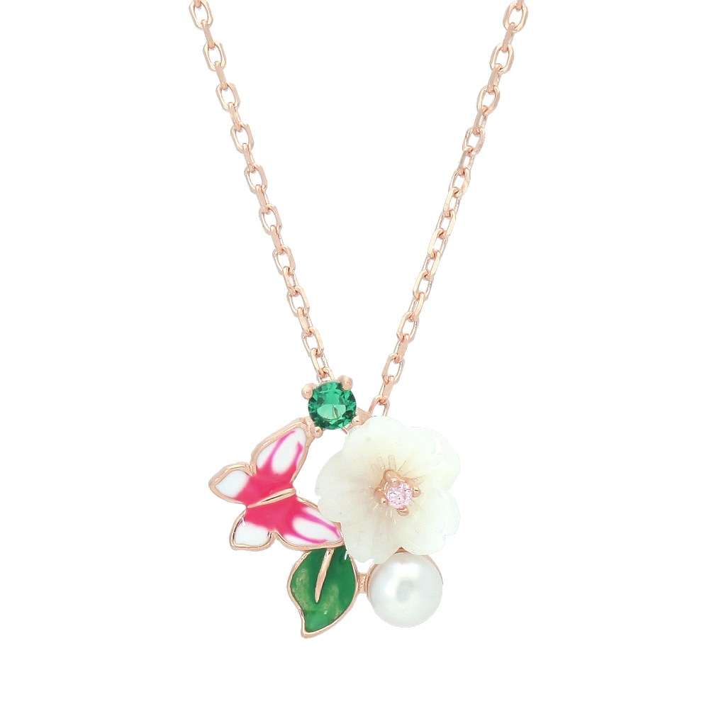 N5167, Necklace, Sterling Silver 925, Cubic Zirconia, Shell flower ,Enamel 