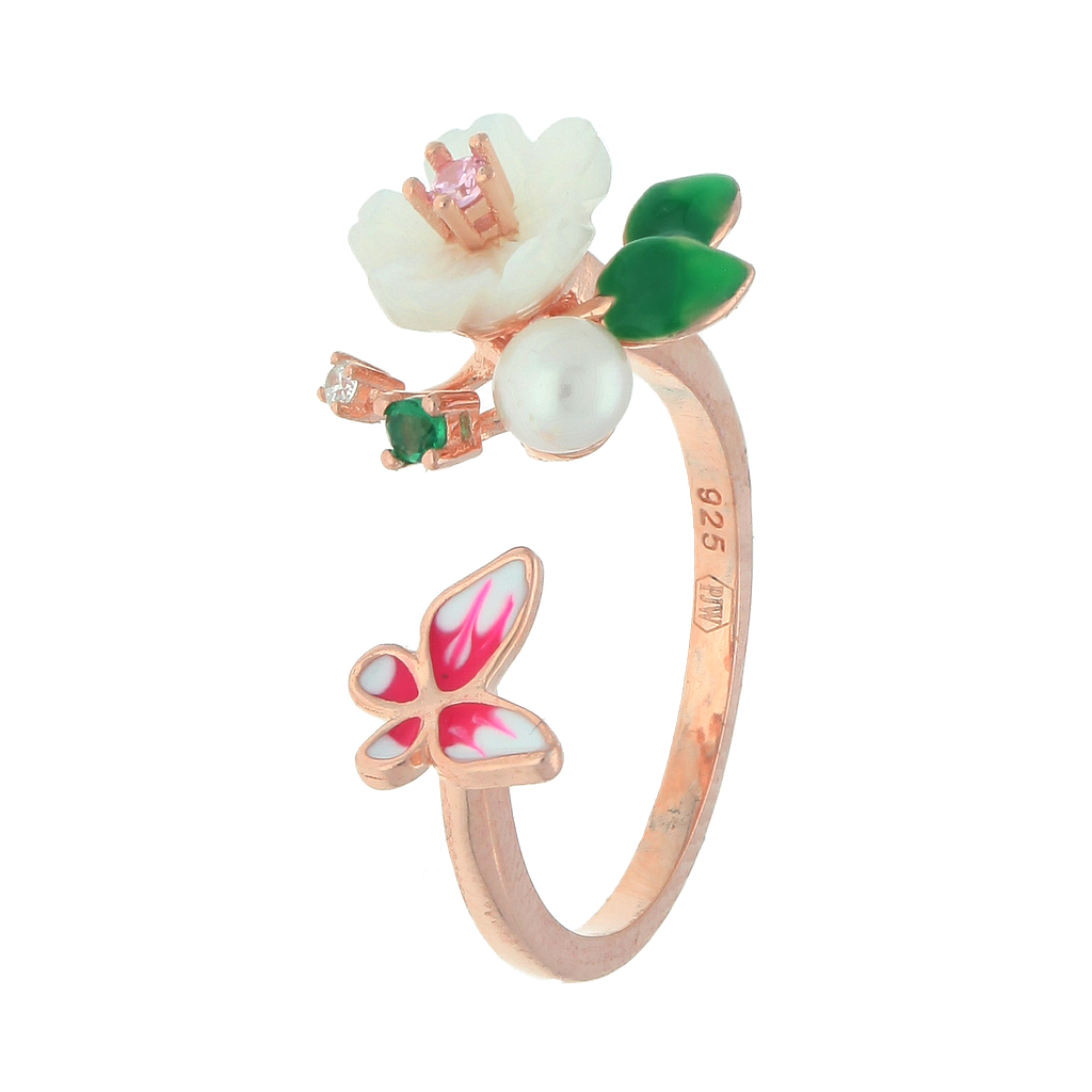 U4124,  Ring ,  Sterling Silver 927,  Cubic Zirconia,  Shell flower , Enamel ,  Fresh Whater Pearl
