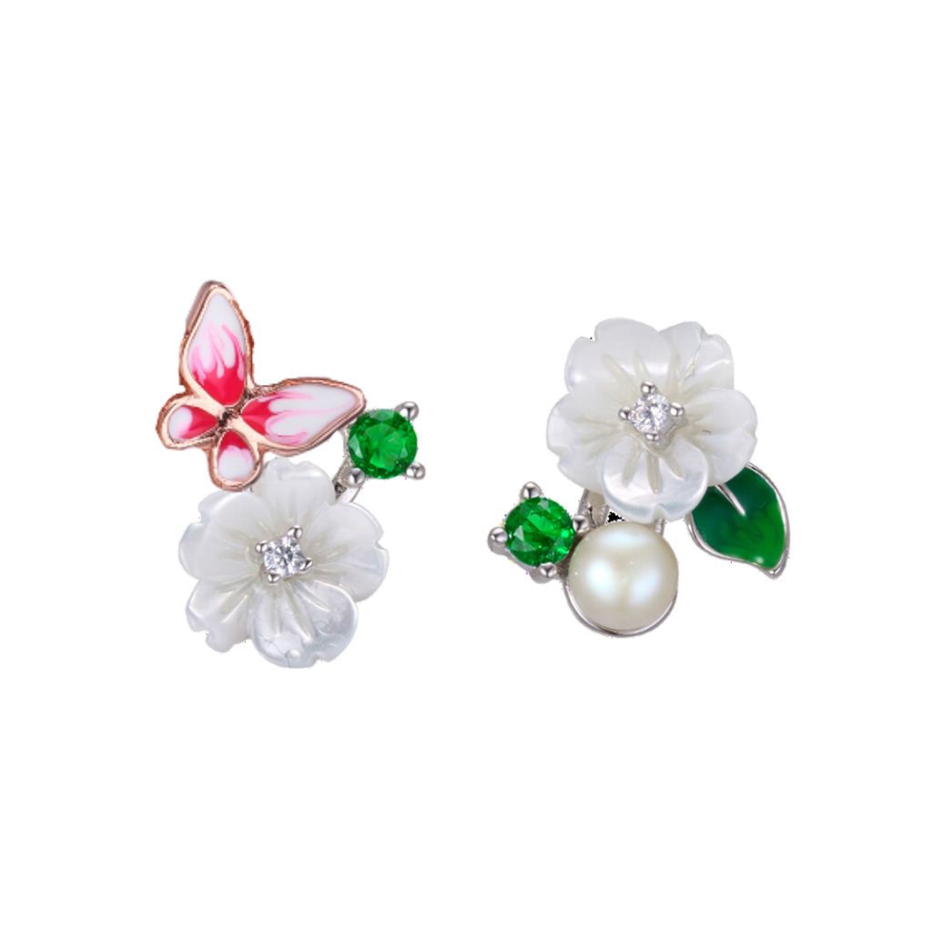 V5814, Earrings,  Sterling Silver 926,  Cubic Zirconia,  Shell flower , Enamel ,  Fresh Whater Pearl