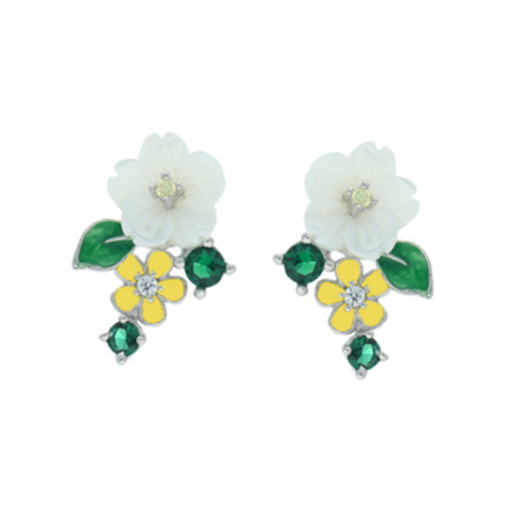 V5815, Earrings , Sterling Silver 927, Cubic Zirconia, Shell flower ,Enamel 