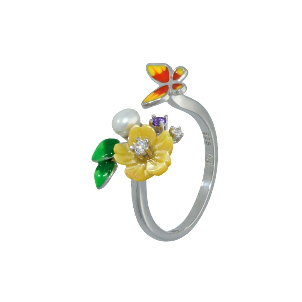 U3947,  Ring Silver 925 , Blue CZ, White CZ, Yellow Shell, White Fresh water pearl, Enamel