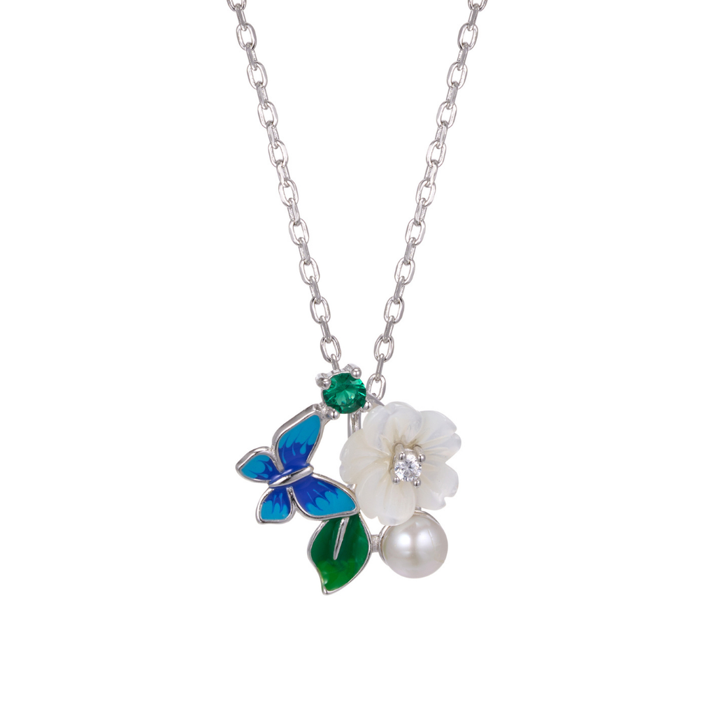 N5311, Necklace Silver 925, White Shell, Green spinel