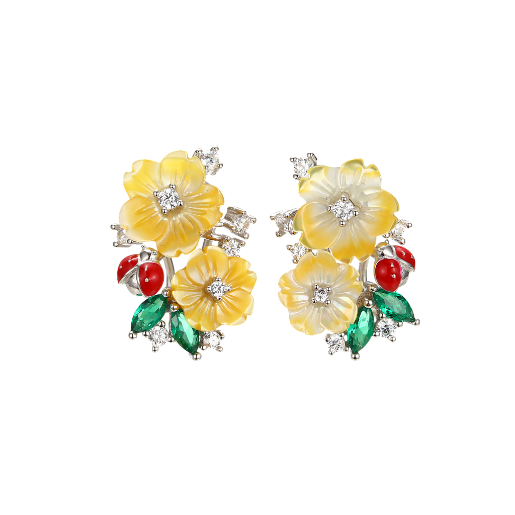 V5812, Earrings Sterling Silver 925, Rhodium Plated,Yellow Shell, Cubic Zirconia,Enamel