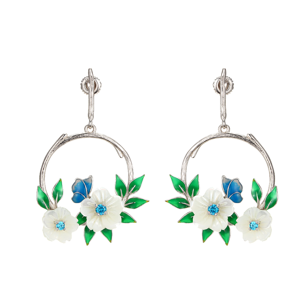 V5806,Earrings Sterling Silver 925,RRhodium Plated,White Shell,Cubic Zirconia,Enamel