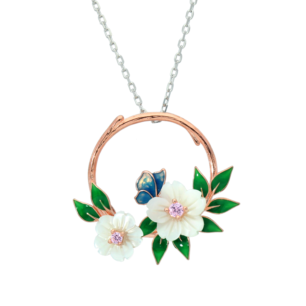 N5161,Necklace Sterling Silver 925,Rose Gold & Rhodium Plated,White Shell,Cubic Zirconia,Enamel