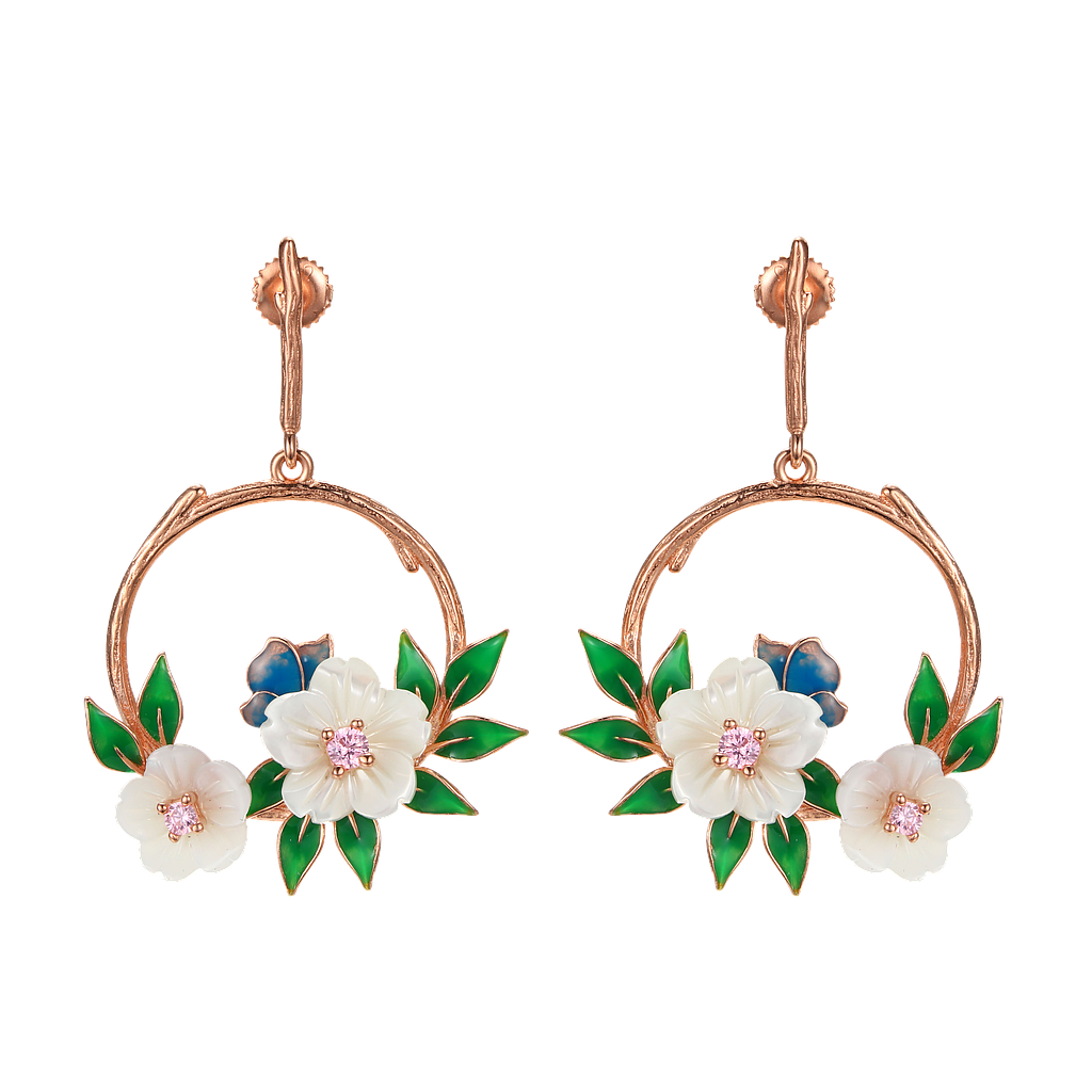 V5805,Earrings Sterling Silver 925,Rose Gold Plated,White Shell,Cubic Zirconia,Enamel