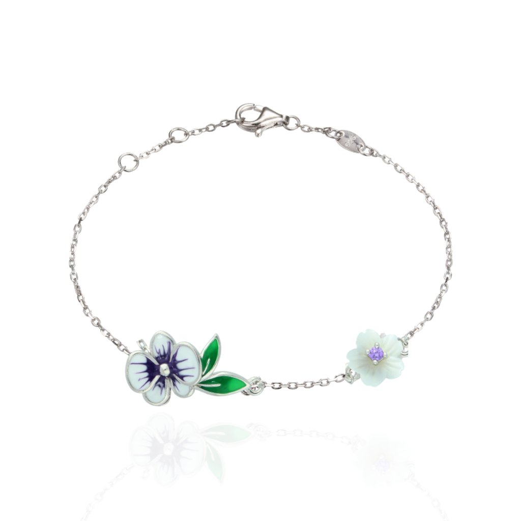 B2877, Bracelet, Sterling Silver 925, Rhodium Plated, White Shell, Cubic Zirconia, Enamel, Length 16,17,18 cm 