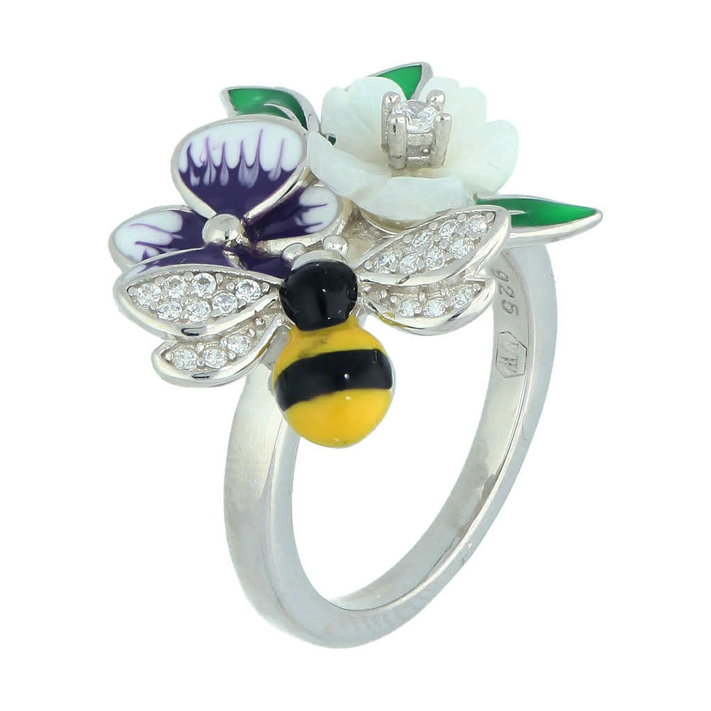 U4121, Ring, Sterling Silver 925, Rhodium Plated, White Shell, Cubic Zirconia, Enamel
