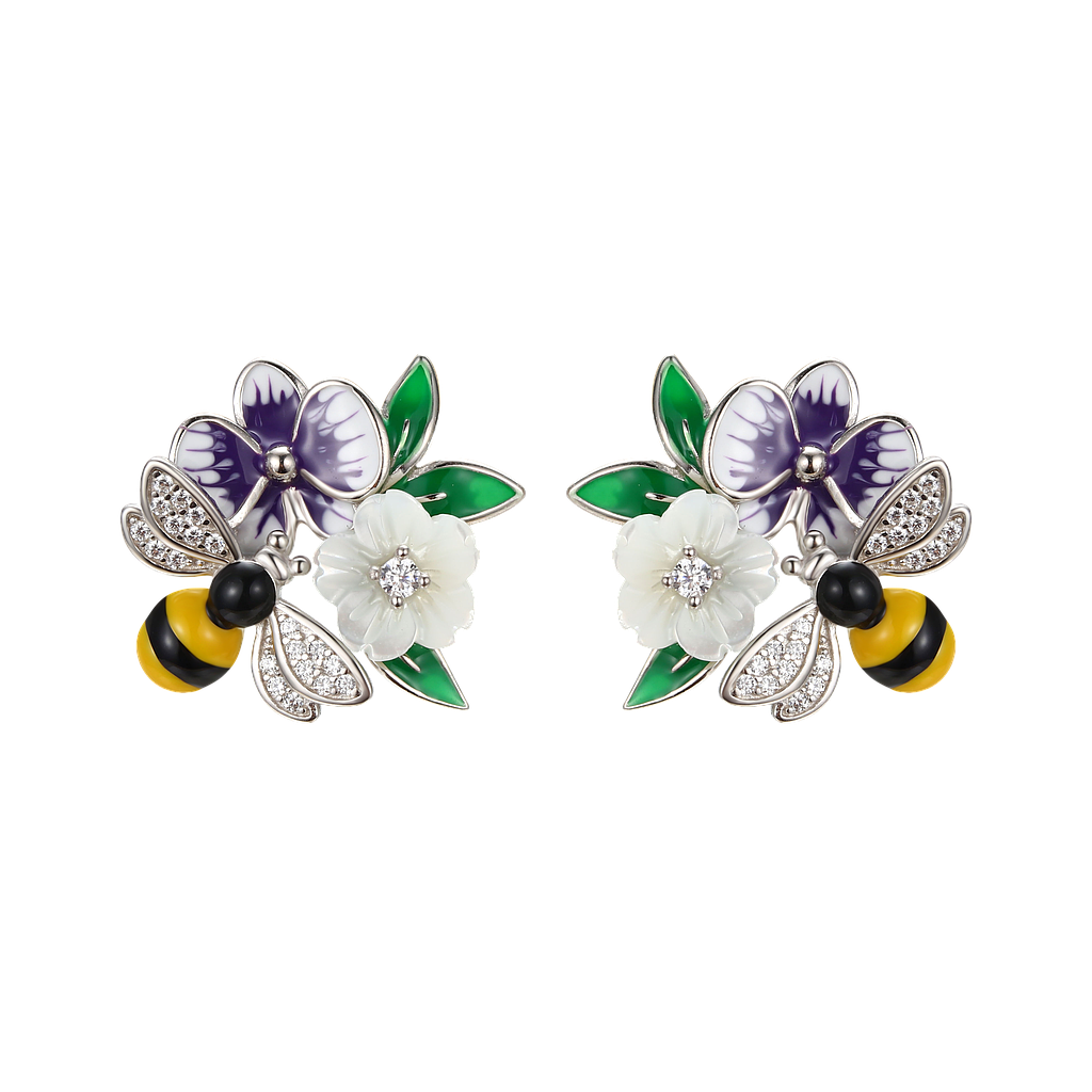 V5808, Earrings, Sterling Silver 925, Rhodium Plated, White Shell, Cubic Zirconia, Enamel