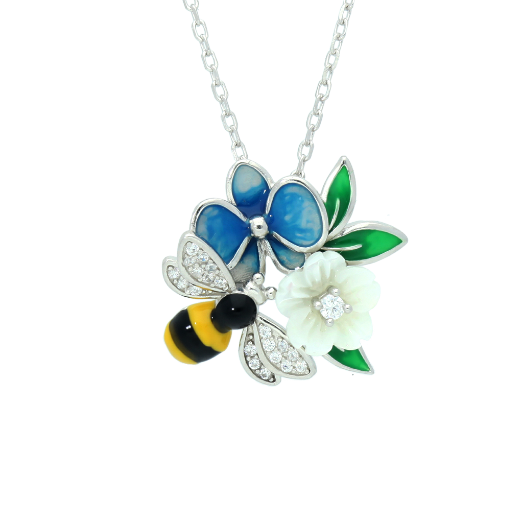 N5163, Necklace, Sterling Silver 925, Rhodium Plated, White Shell, Cubic Zirconia, Enamel