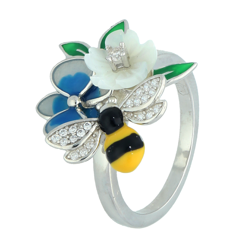 U4120, Ring, Sterling Silver 925, Rhodium Plated, White Shell, Cubic Zirconia, Enamel