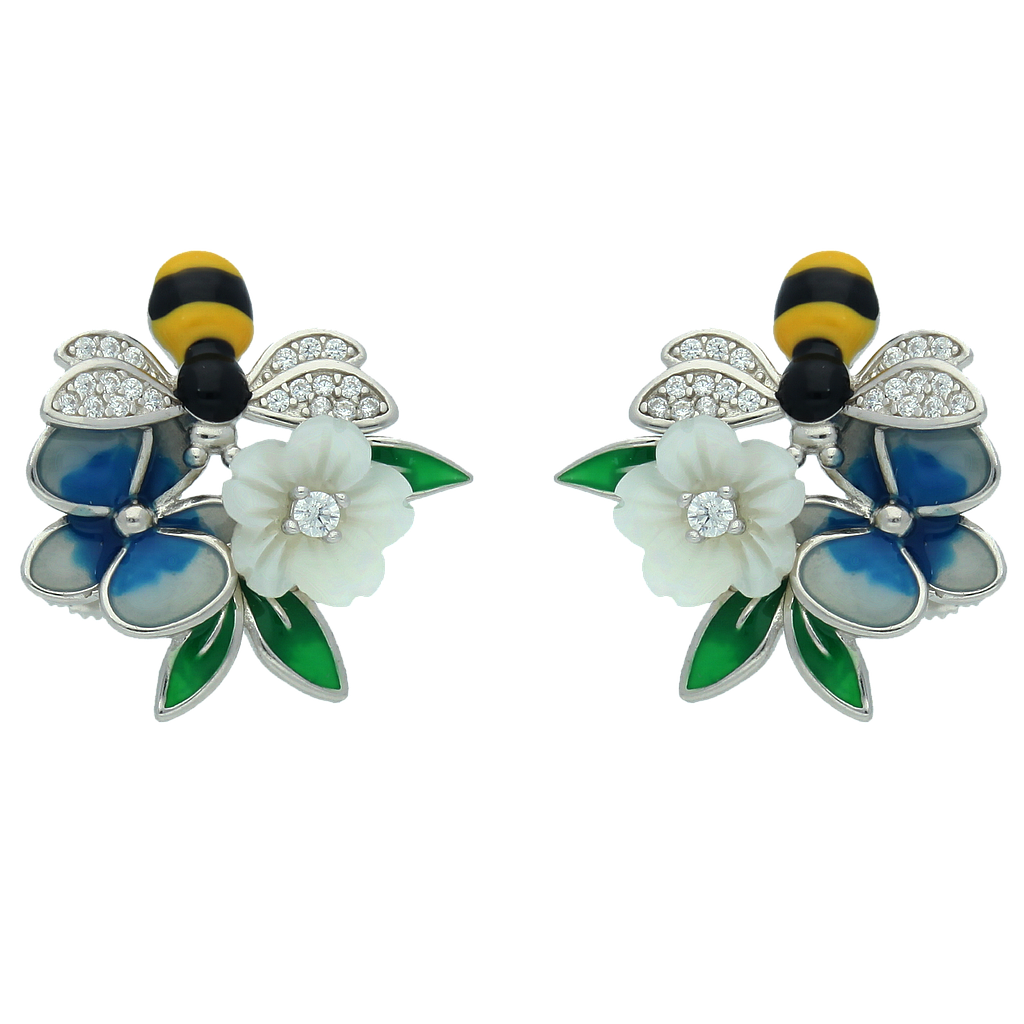 V5807, Earrings, Sterling Silver 925, Rhodium Plated, White Shell, Cubic Zirconia, Enamel