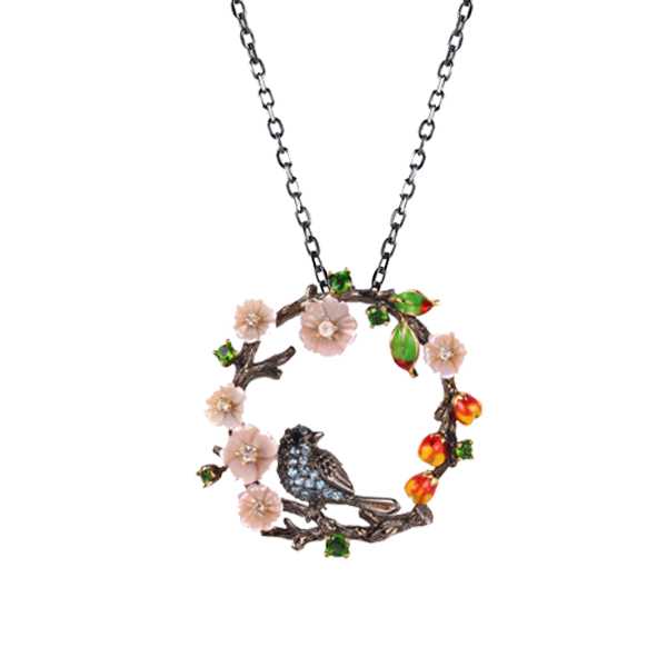 N5272, Necklace Silver 925, Black&Green Spinel, White CZ, Swiss Blue CZ, Pink Shell Flower