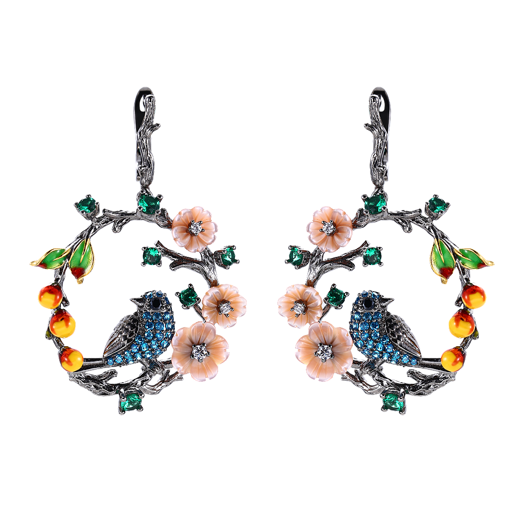 V5324, Earrings Silver 925, Black&Green Spinel, White CZ, Swiss Blue CZ, Pink Shell Flower