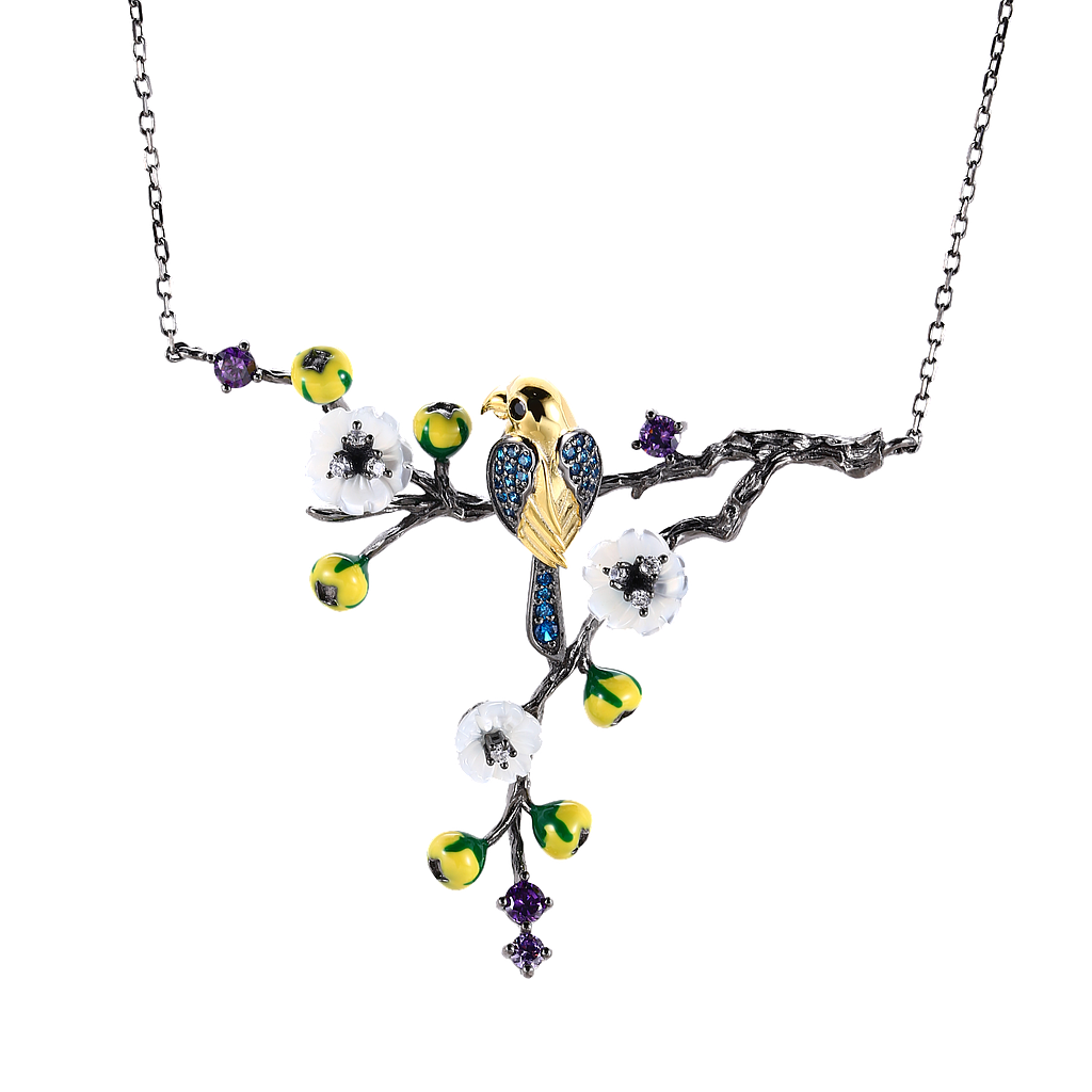 N5262, Necklace Silver 925, Black Spinel, Amethyst CZ, White CZ, Swiss Blue CZ, Swiss Blue Topaz, White Shell Flower