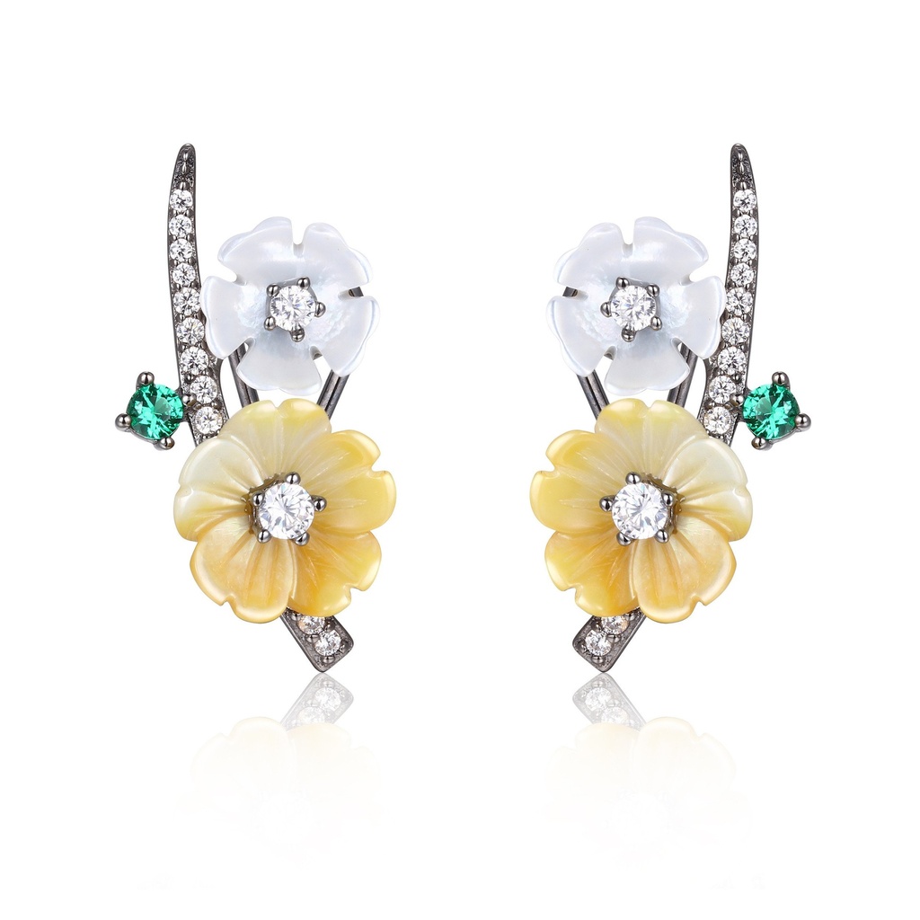V4739, Earrings Silver 925,  White Zircon,  Green Spinel,  Shell Flower