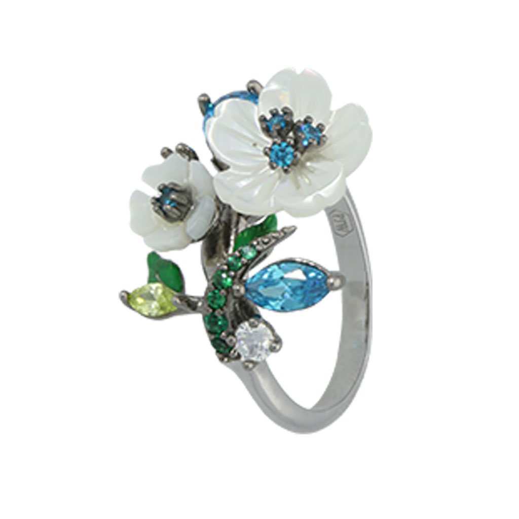 U3950, Ring Silver 925,  Shell flower,  CZ & Enamel