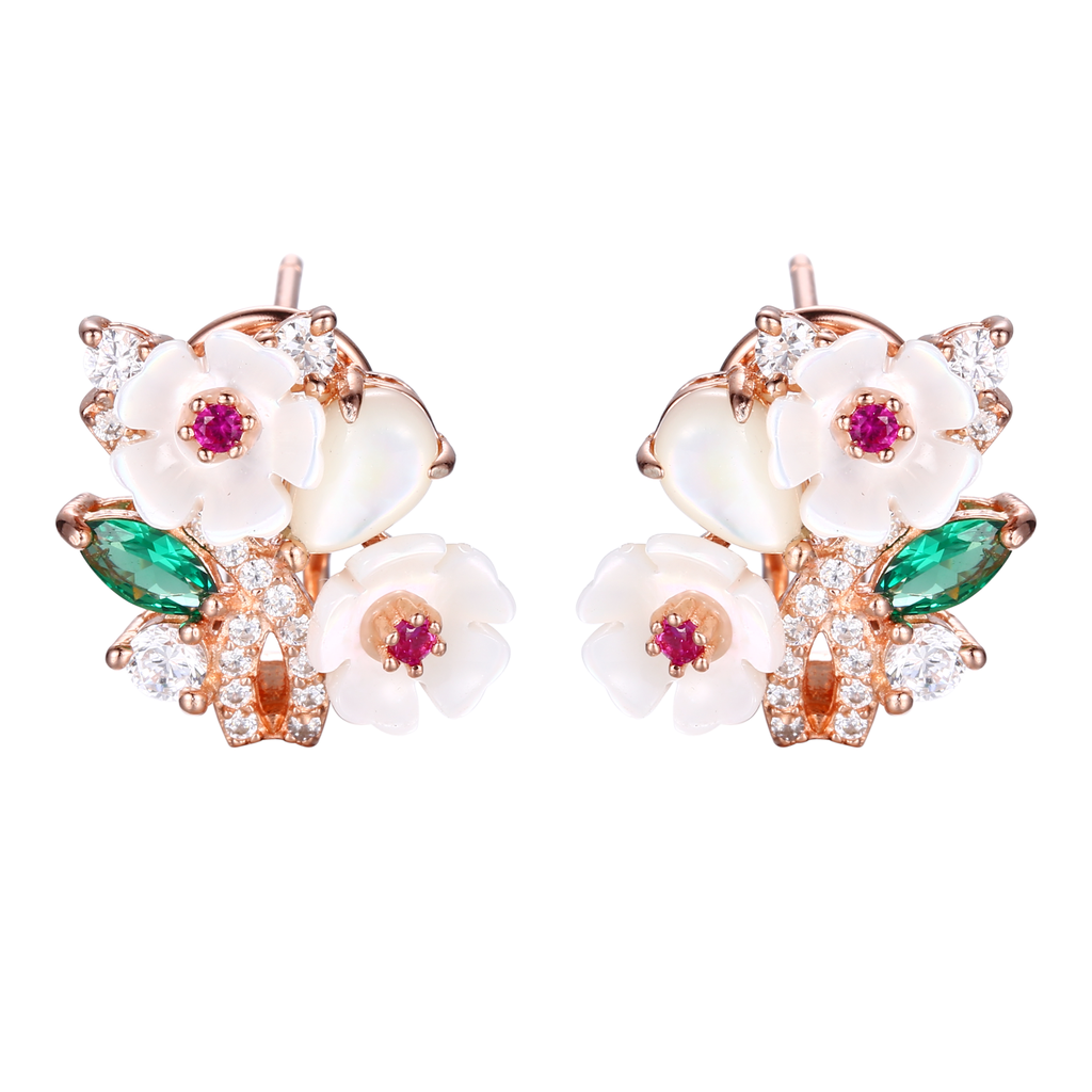 V5380, Earrings Silver 925,  Shell flower,  Green spinel,  CZ
