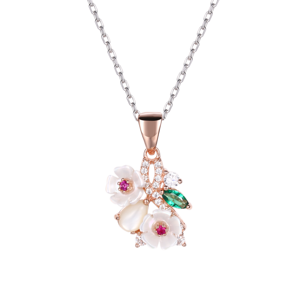 N5305, Necklace Silver 925,  Shell flower,  Green spinel,  CZ