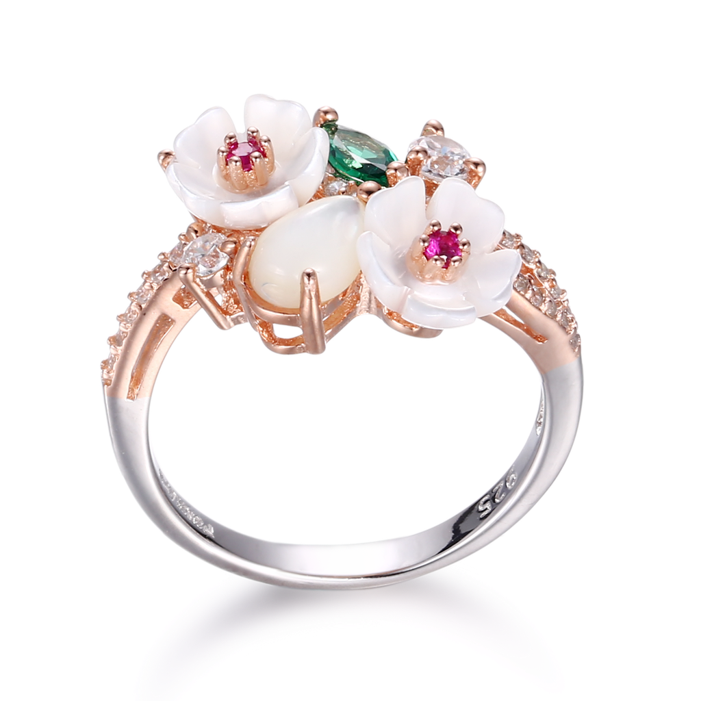 U3882, Ring Silver 925,  Shell Flower,  Green Spinel,  CZ