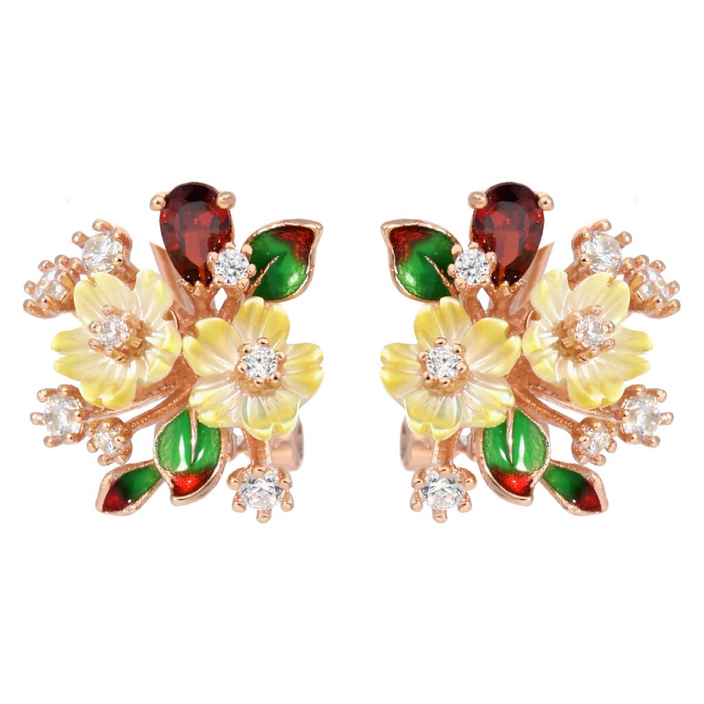 V5581, Earrings Silver 925,  White CZ,  Garnet CZ, Shell Flower