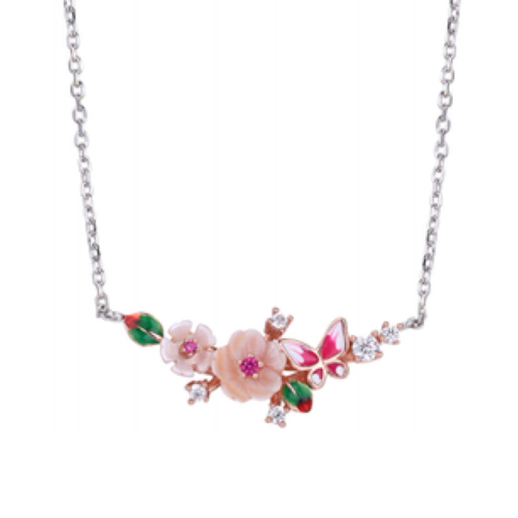 N4956, Necklace Silver 925 ,  Pink Shell,  White CZ,  Corundum