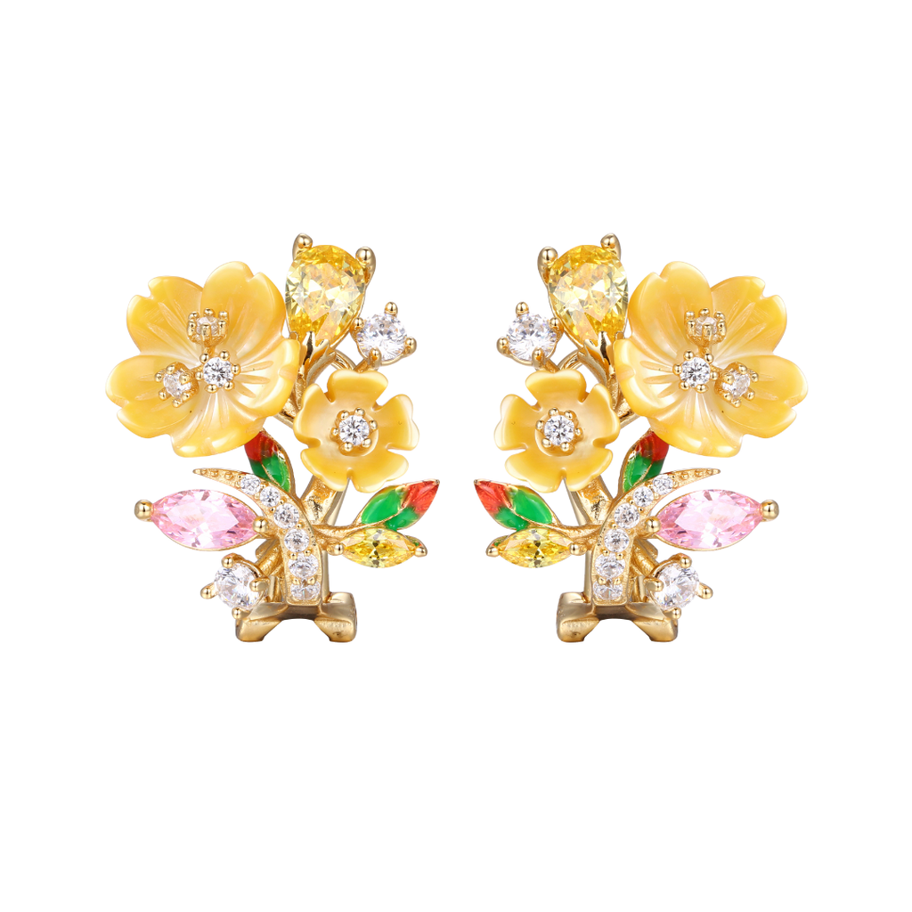 V4737, Earring Silver 925,  White CZ,  Green Peridot,  Yellow Shell