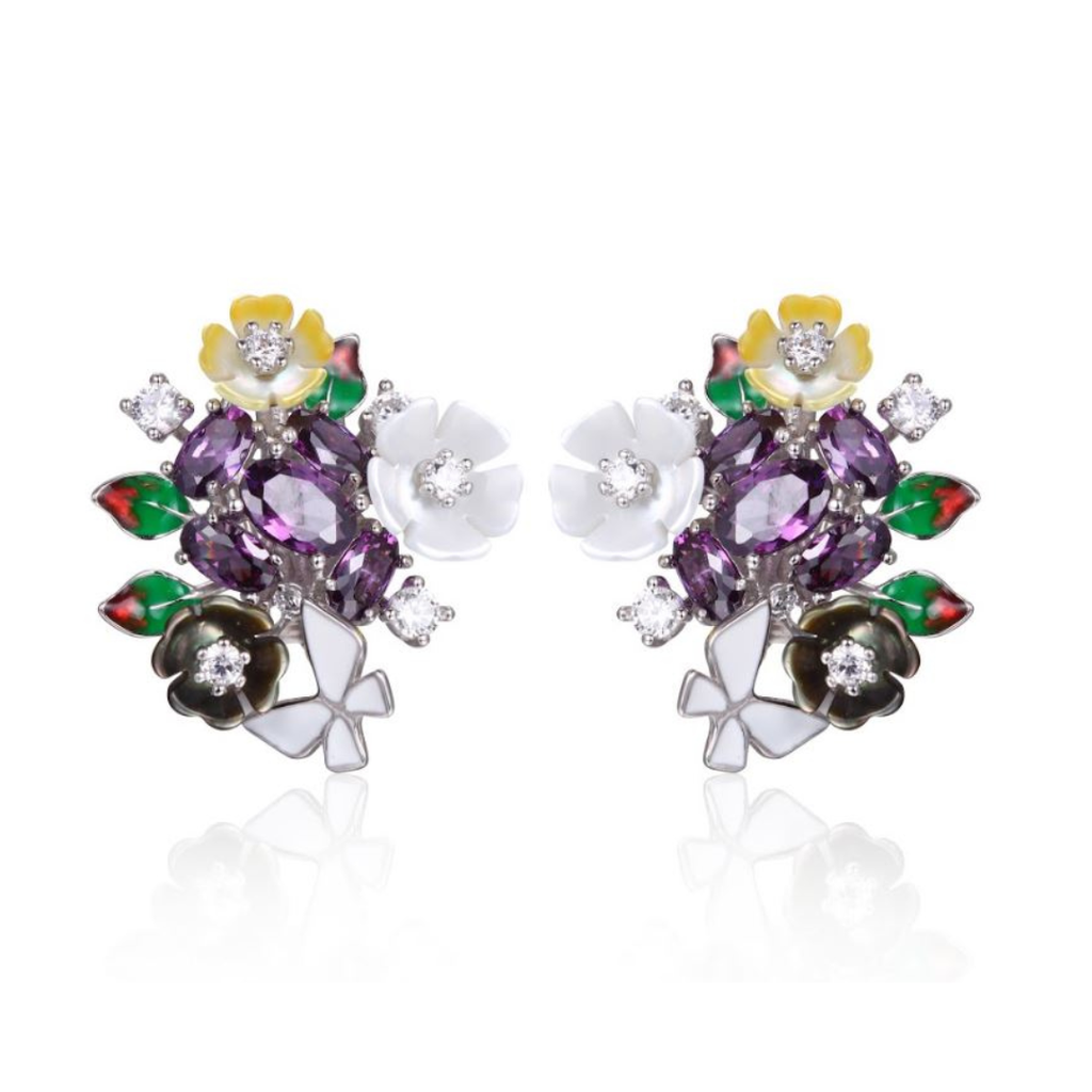 V4738, Earrings Silver 925,  White&Purple CZ,  Yellow&Black Shell