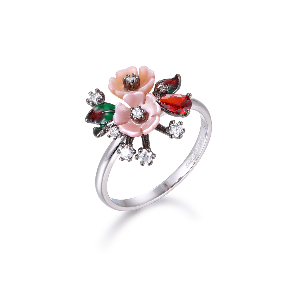 U3746, Ring Silver 925,  White&pink Shell ,  White Zircon,  Garnet