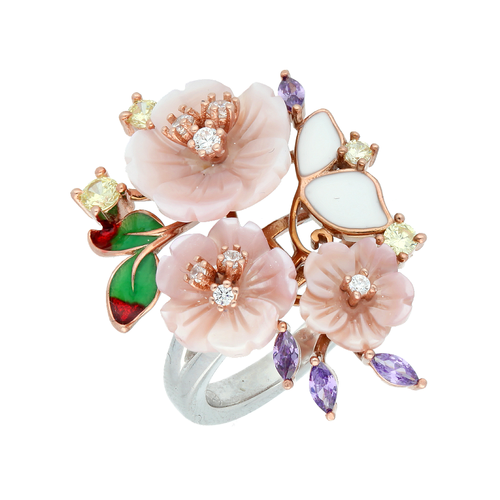 U4126, Ring, Sterling Silver 925, Cubic Zirconia, Shell flower ,Enamel ,Rose Gold  & Rhodium Plated