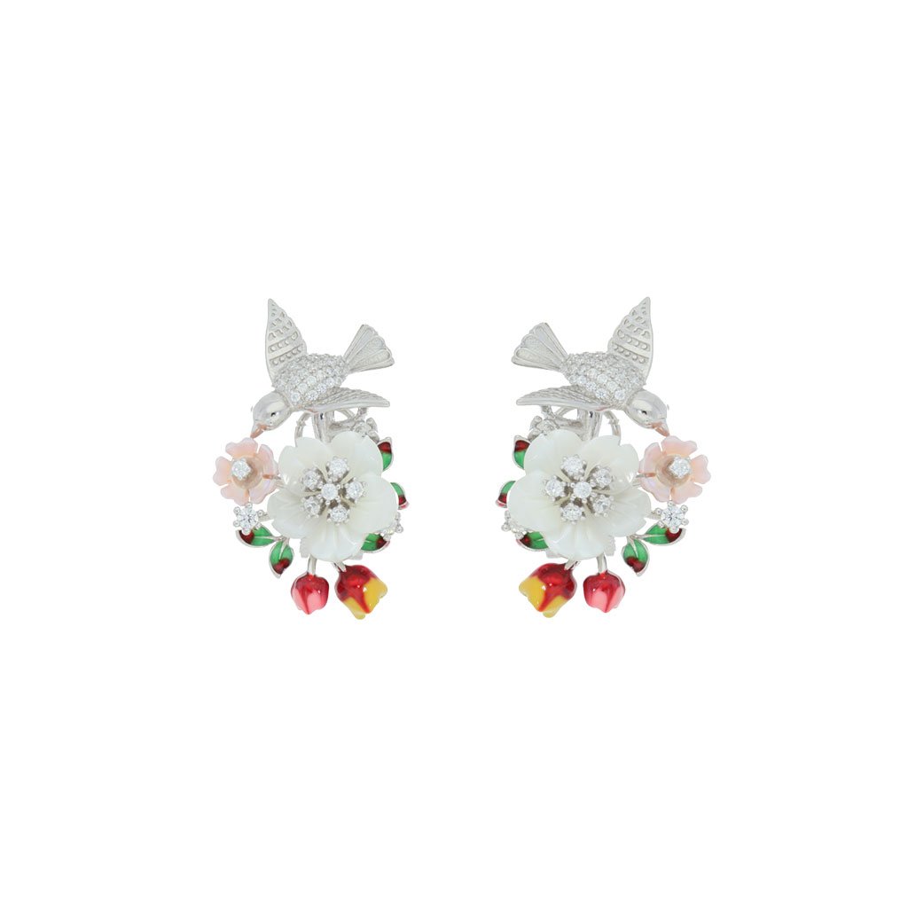 V5582, Earrings Silver 925 , Pink Shell, White Shell , White CZ