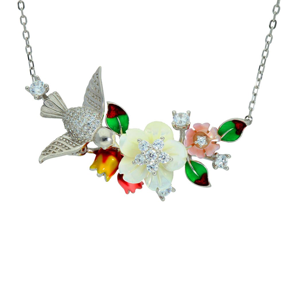 N5547, Necklace Silver 925, White CZ,  Pink Shell & White Shell