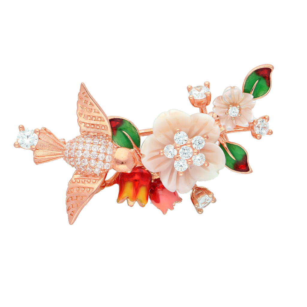 A1251, Brooch Silver 925,  Shell flower,  Cubic Cz,  Enamel, Rose Gold Plated,  Eden