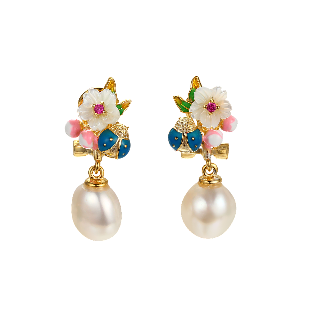 V5803,  Earrings,  Sterling Silver 925,  Gold Plated, White Shell,  Fresh Water Pearl,  Cubic Zirconia,  Enamel