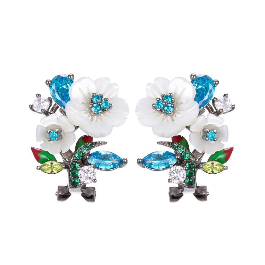 V5510, Earrings Silver 925,  White flower shell, Sea Blue CZ.White Flower shell, CZ & Green enamel
