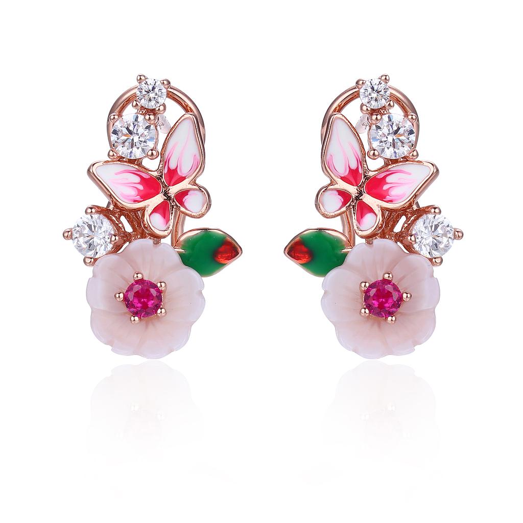 V4876, Earrings Silver 925,  Pink shell ,  White CZ,  Corundum