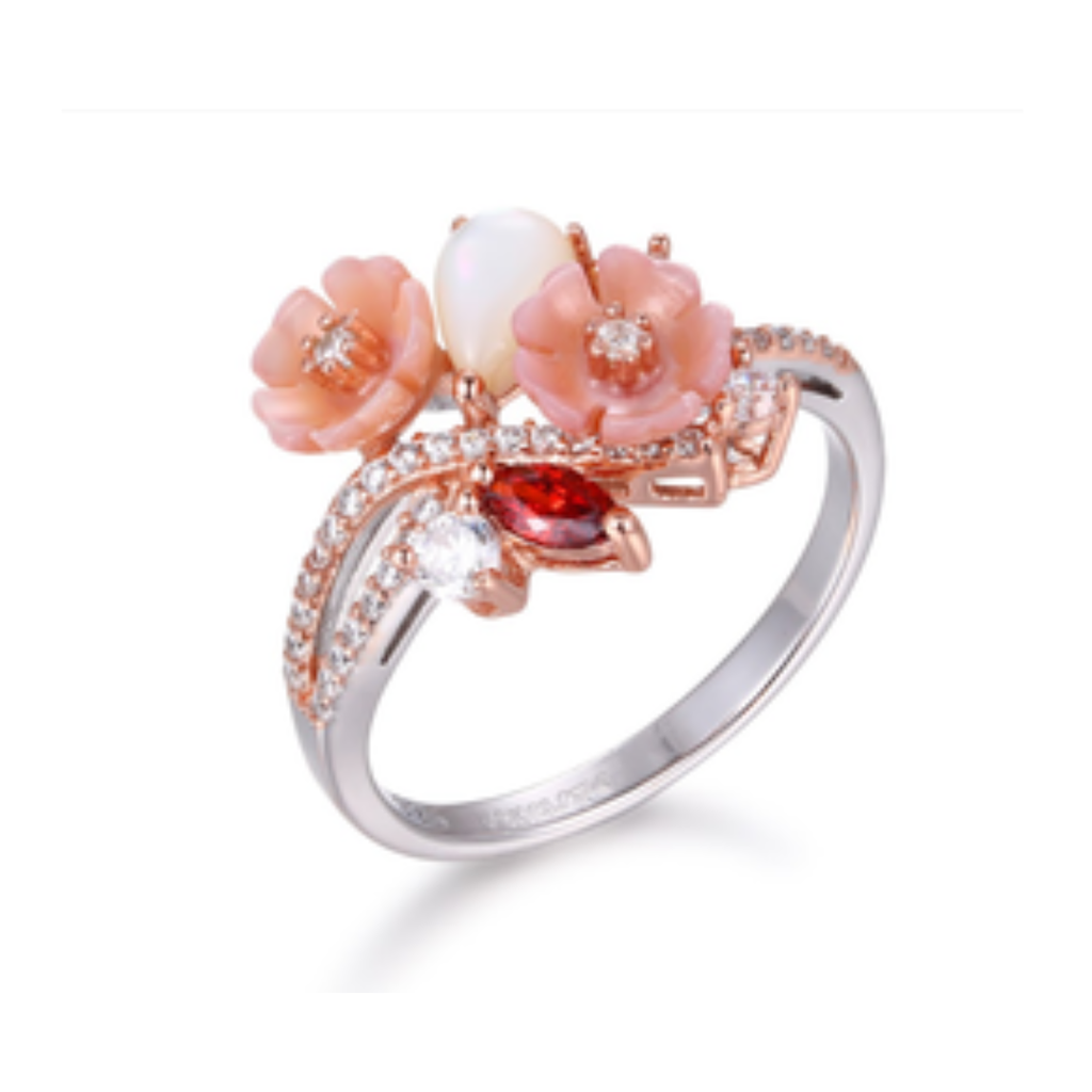 U3747 Ring Silver 925, White Zircon, Garnet, White&Pink Shell flower