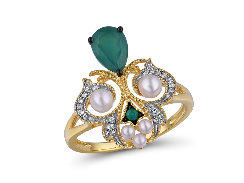 RGD353170 Ring 14K, 2.7g, Dia, 0.337ct, I, I, J, 22pcs, Emerald, 0.619ct, 2pcs, Pearl, 0.603ct, 5pcs
