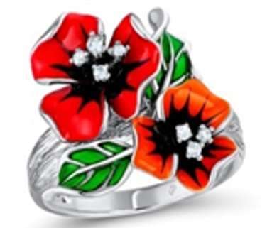 U3945, Ring Silver 925,  CZ Red & Black Enamel Flower