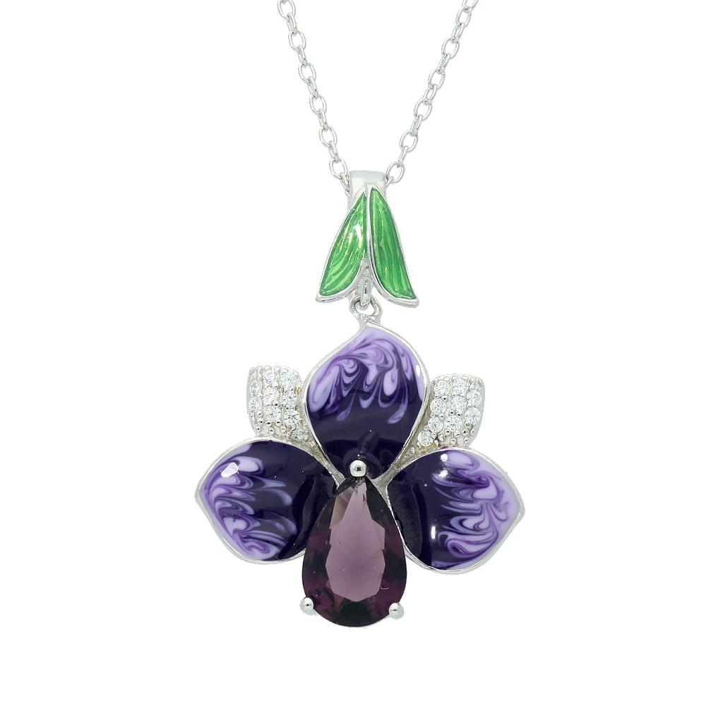 N5407, Necklace Silver 925,  Amethyst CZ & Enamel flower